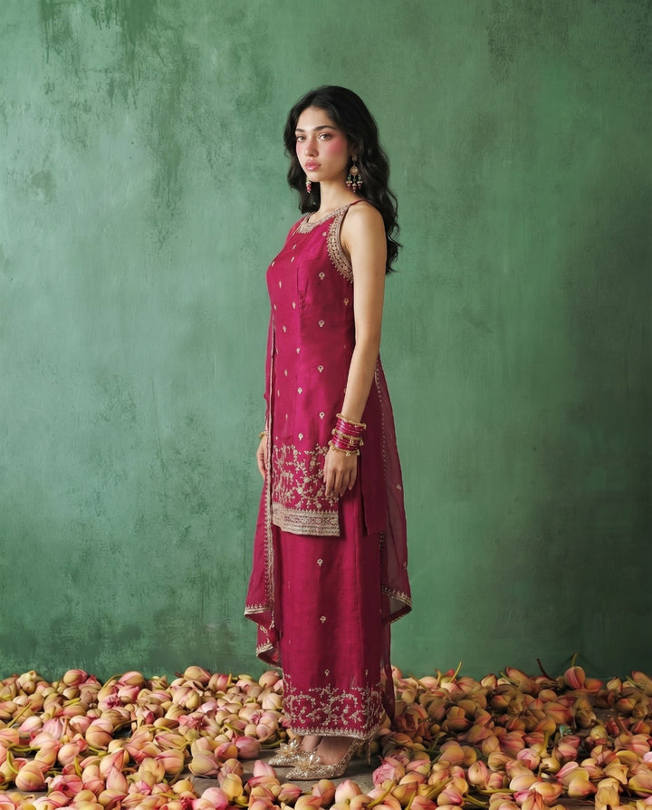 Magenta Embriodered Silk Blended Spaghetti Strap Kurta Bottom Dupatta Set