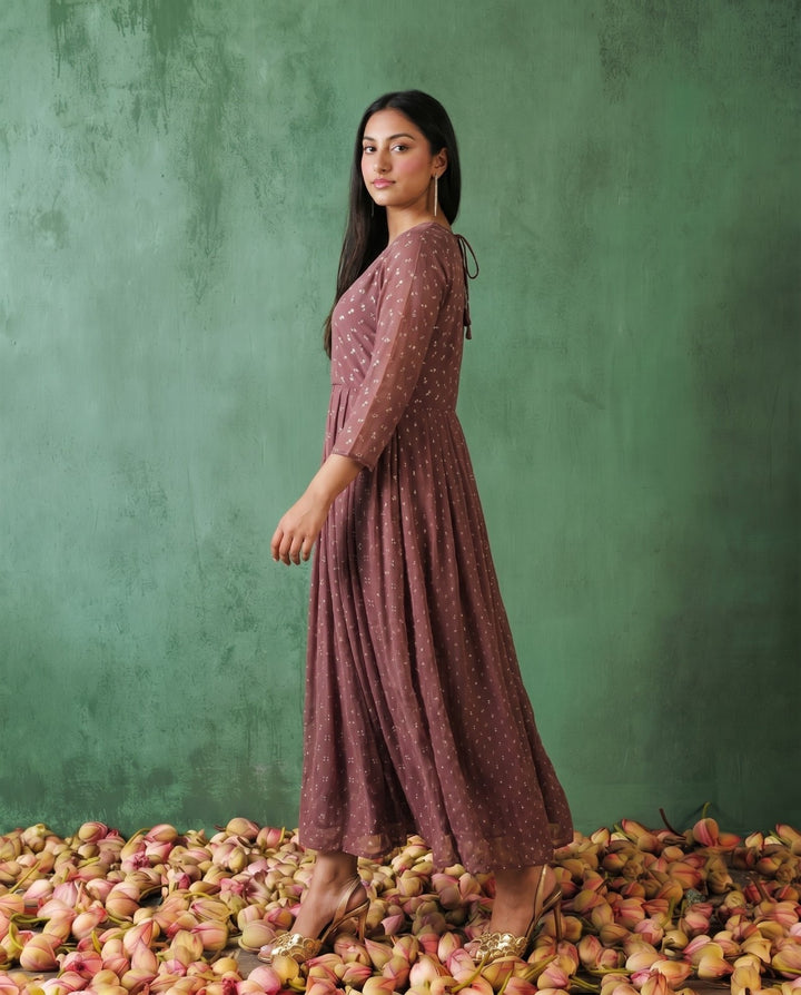 Peach Printed Georgette Maxi Dress