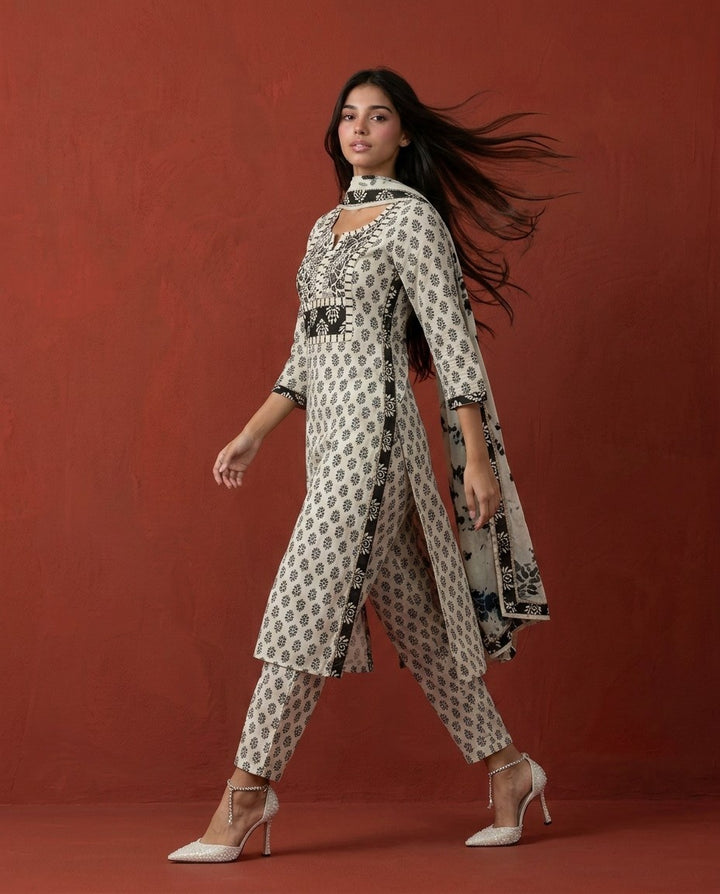 White Printed Cotton Kurta Bottom Dupatta Set
