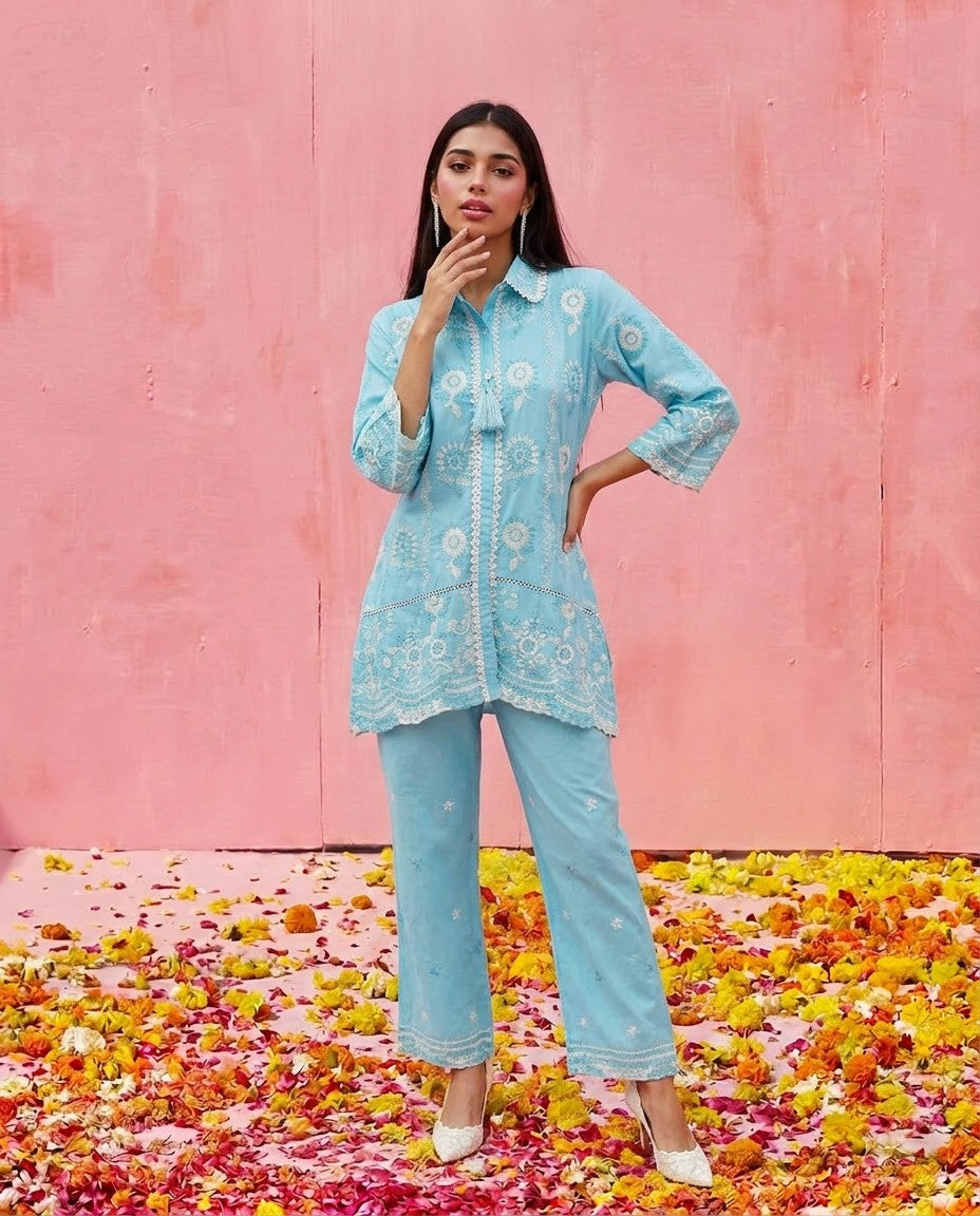 Blue Embroidered Cotton Satin Co-Ord Set