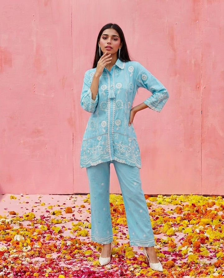 Blue Embroidered Cotton Satin Co-Ord Set