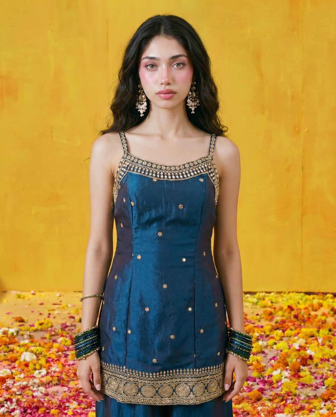 Navy Embriodered Silk Blended Spaghetti Strap Kurta Bottom Dupatta Set