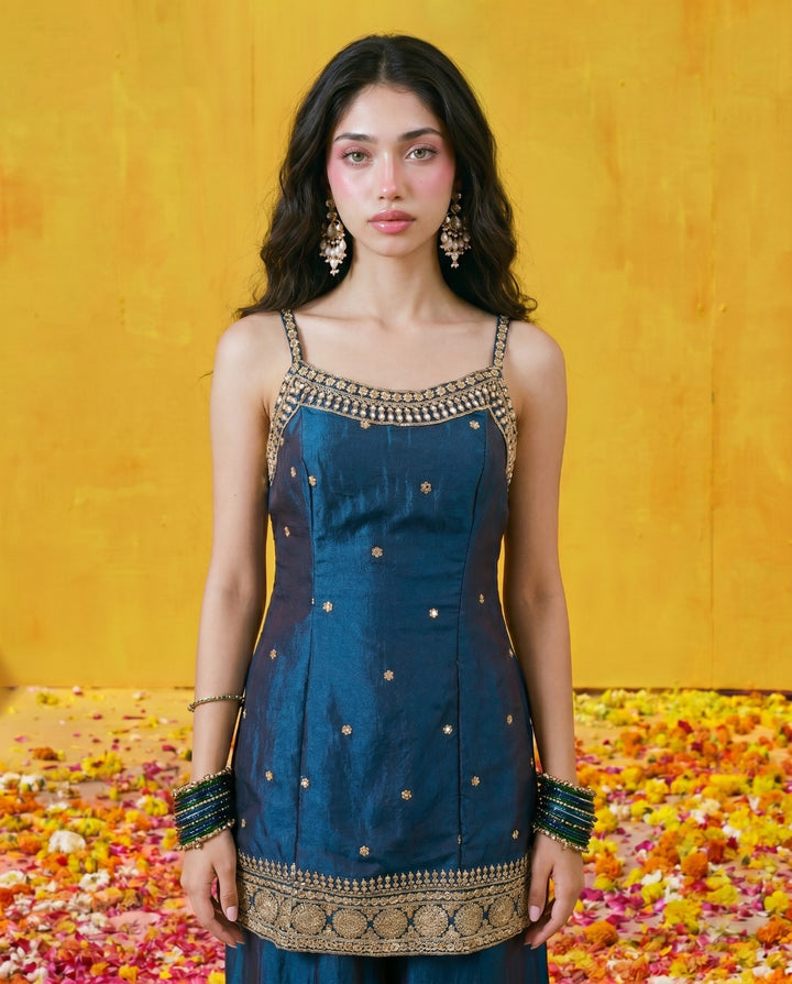 Navy Embriodered Silk Blended Spaghetti Strap Kurta Bottom Dupatta Set