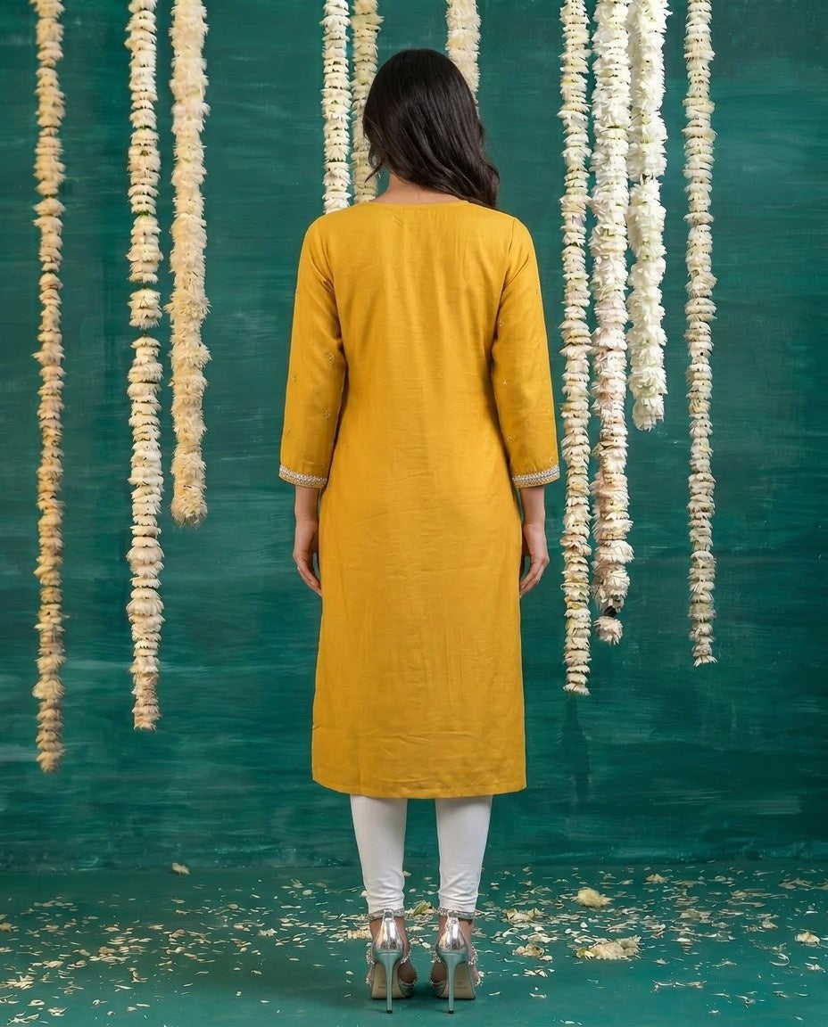 Mustard Embroidered Viscose Blended Straight cut Long Kurta