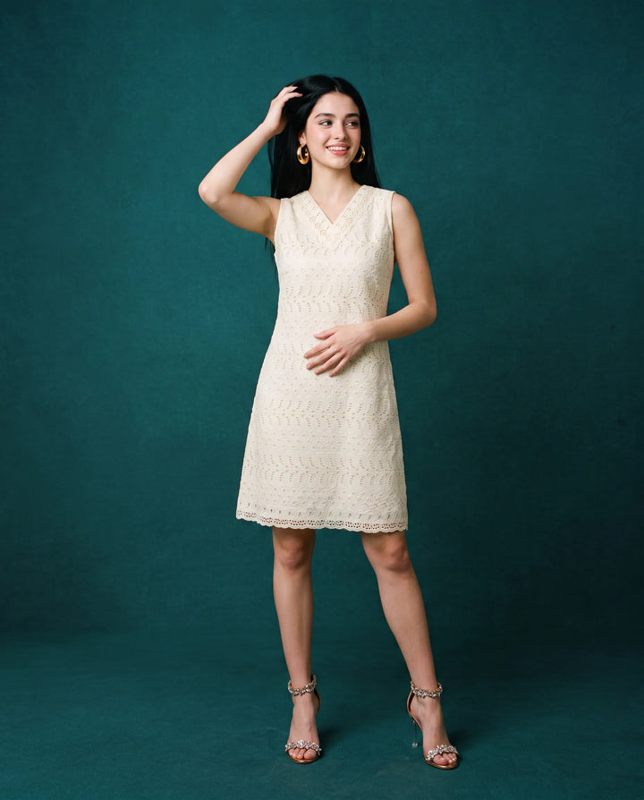 Cream Embroidered Cotton Midi Dress