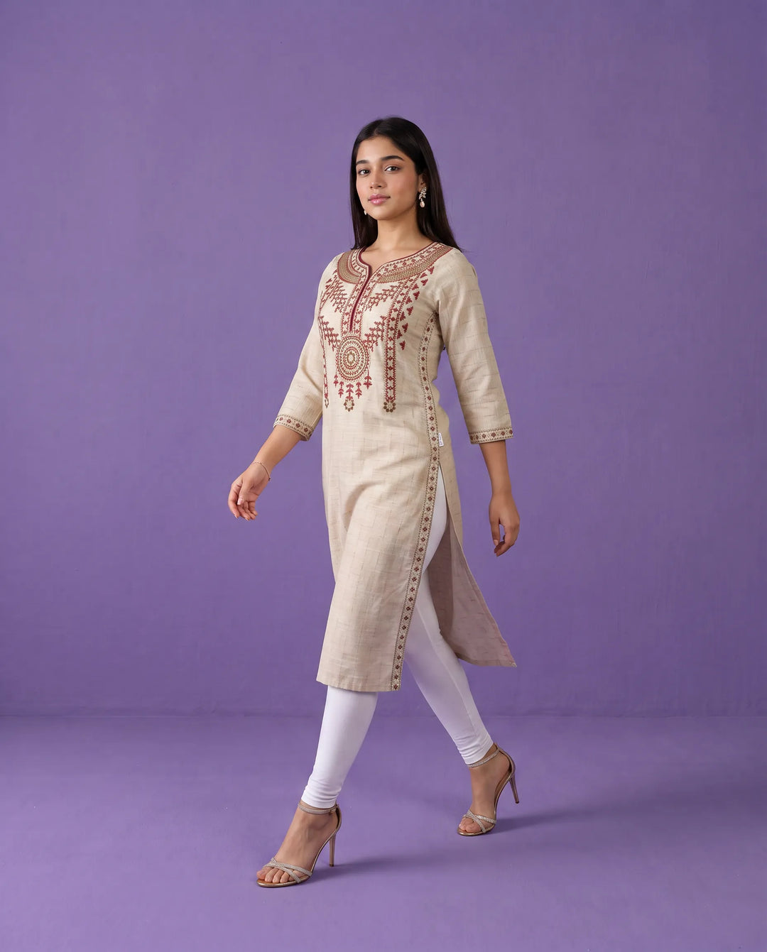 Beige Embroidered Cotton Straight cut Long Kurta