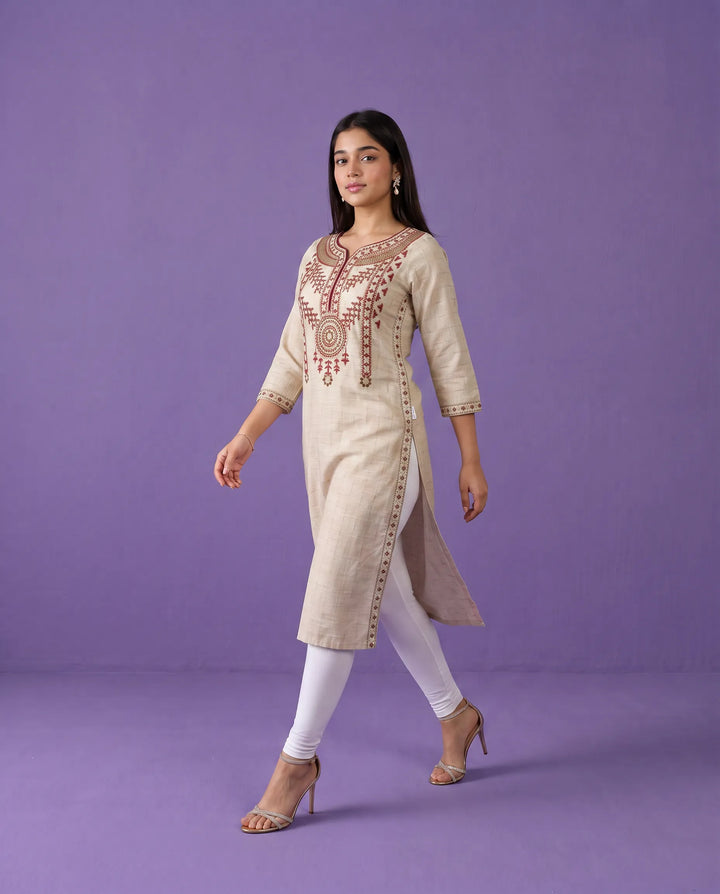 Beige Embroidered Cotton Straight cut Long Kurta