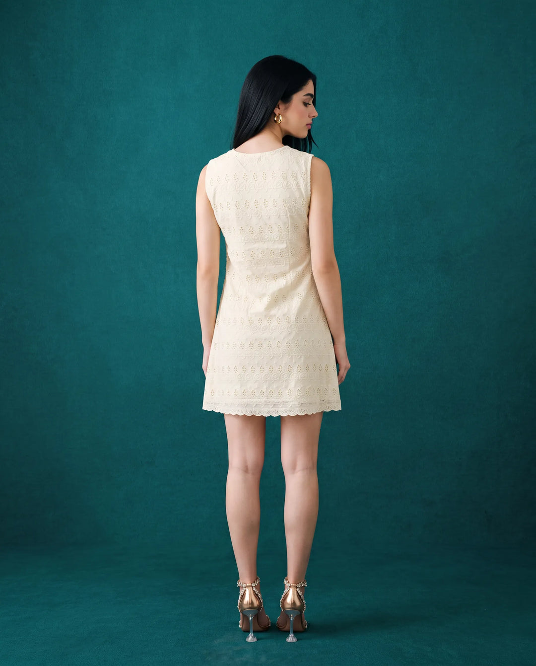 Cream Embroidered Korean Style Cotton Midi Dress