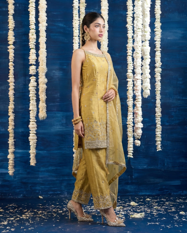 Yellow Embriodered Silk Blended Spaghetti Strap Kurta Bottom Dupatta Set