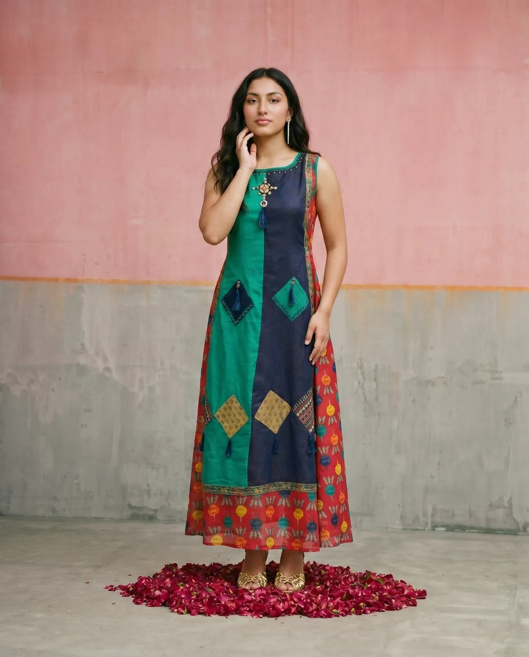 Multi Colour Printed Viscose Blended Sleeveless Maxi Dress