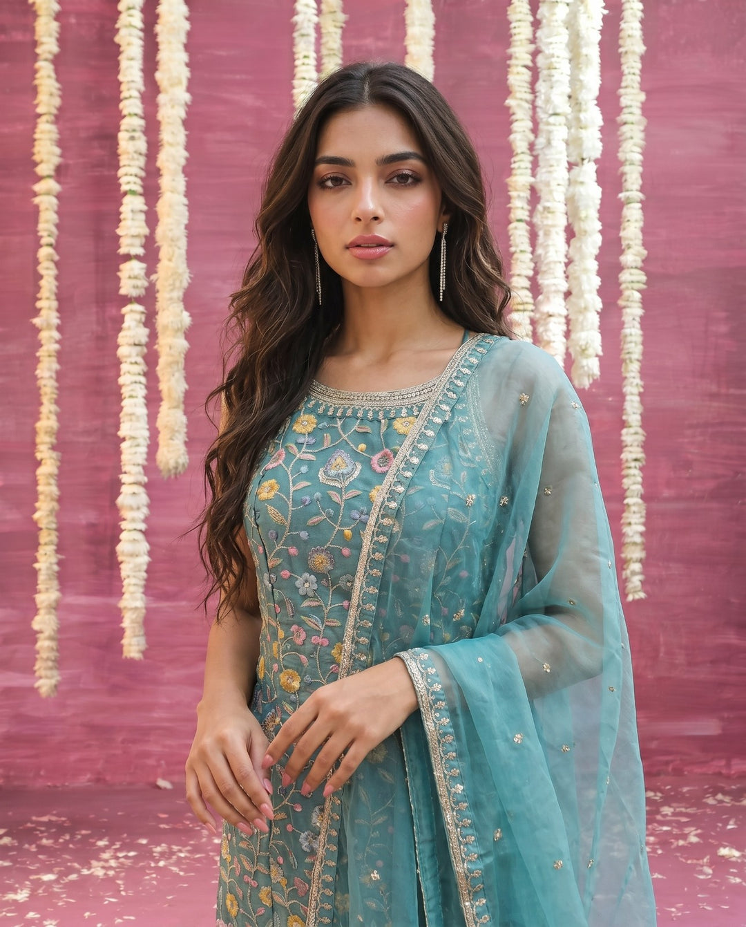 Turquoise Embriodered Silk Blended Spaghetti Strap Kurta Bottom Dupatta Set