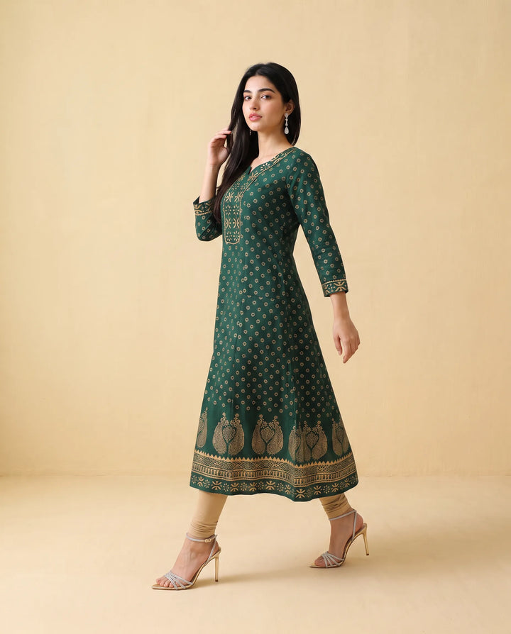 Green Printed Cotton Long Kurta