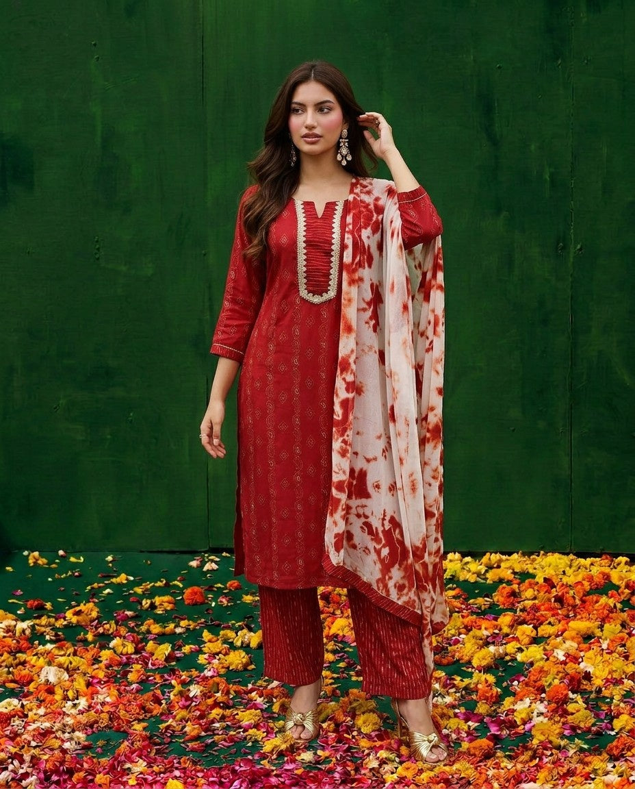 Red Cotton Kurta Bottom Dupatta Set