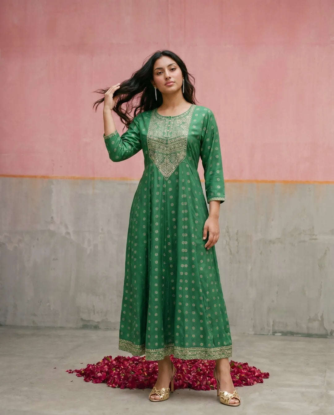 Green Embriodered Rayon Maxi Dress