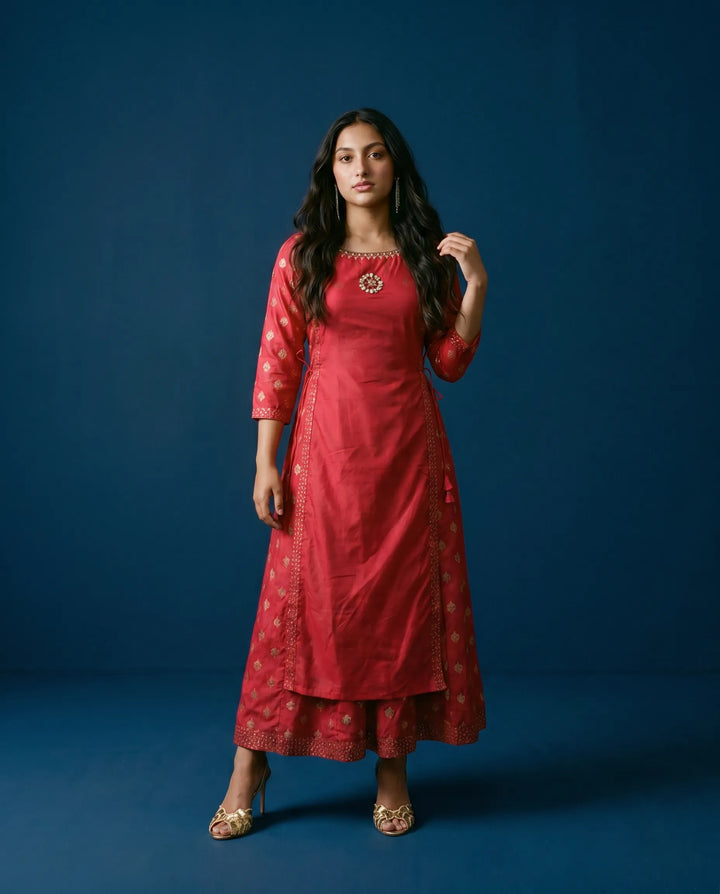 Red Printed Viscose Blended Maxi Dress