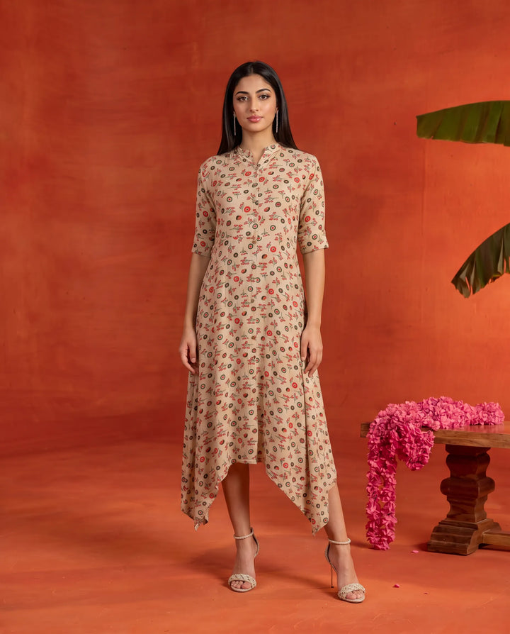 Orange Printed Rayon Maxi Dress