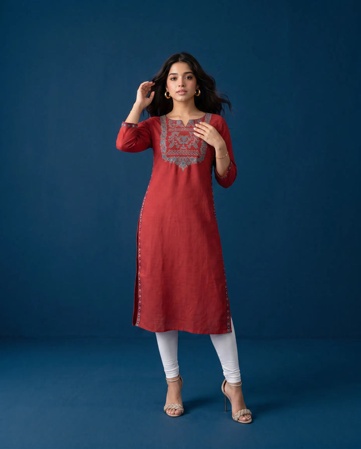 Maroon Embroidered Viscose Blended Straight cut Long Kurta