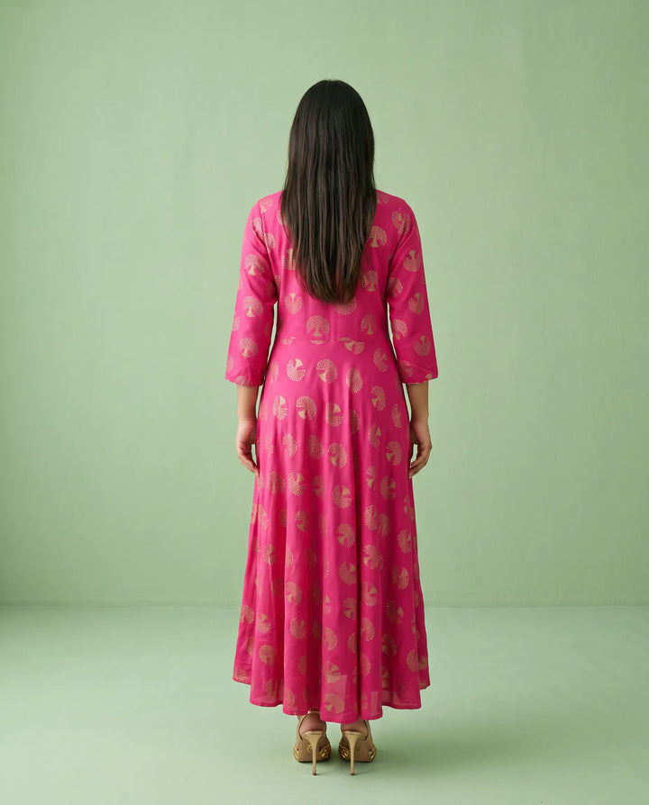 Magenta Printed Rayon Maxi Dress