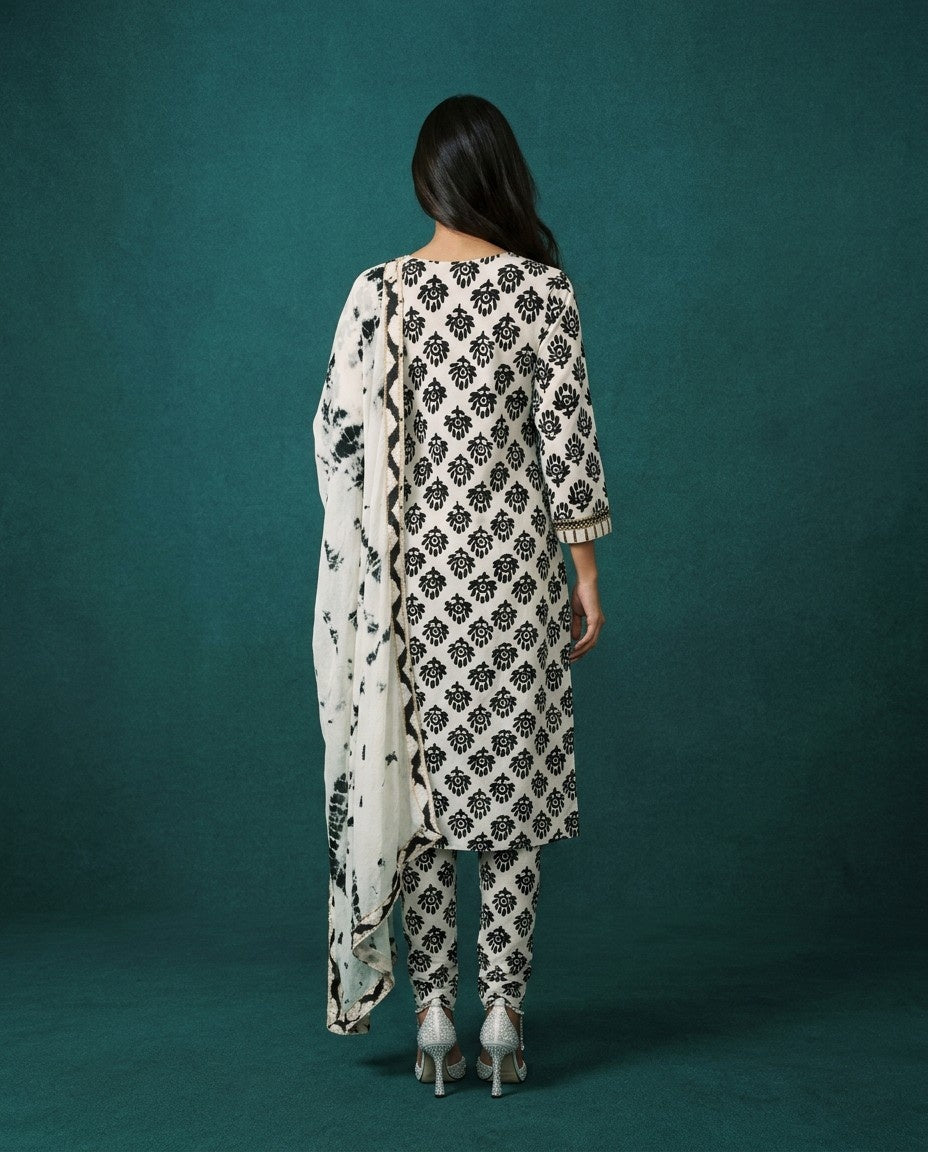 White Printed Cotton Kurta Bottom Dupatta Set
