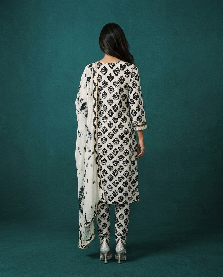 White Printed Cotton Kurta Bottom Dupatta Set