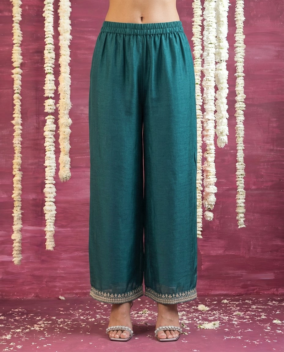 Bottle Green Embriodered Silk Blended Kurta Bottom Dupatta Set