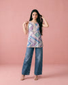 Purple Printed Cotton Blended Sleeveless Short Kurti