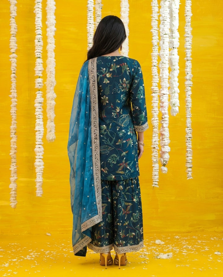 Teal Blue Embriodered Silk Blended Kurta Bottom Dupatta Set