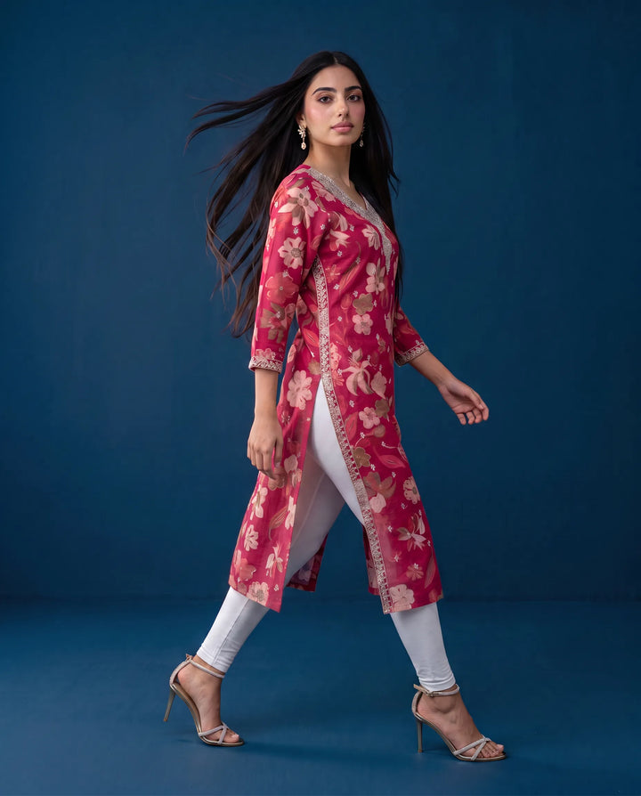 Magenta Embroidered Viscose Blended 3/4 Sleeves Straight Cut Long Kurta