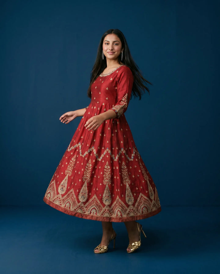 Maroon Embriodered Silk Blended Maxi Dress