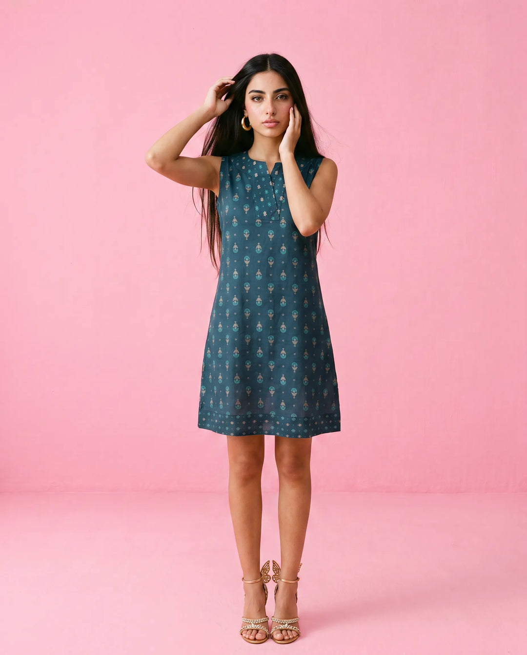 Blue Printed Cotton Midi Dress