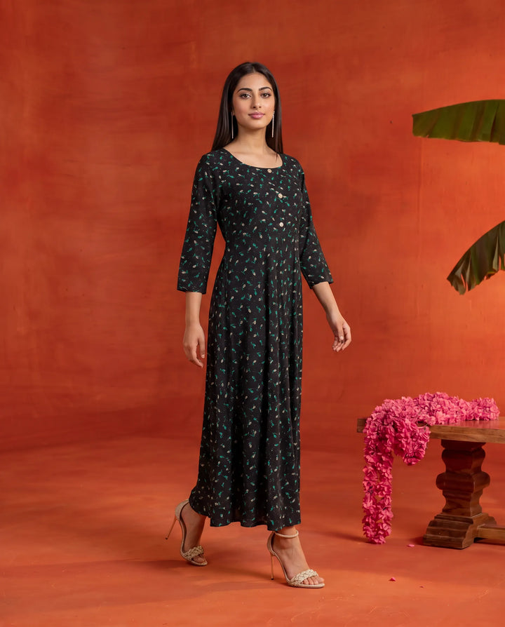 Black Printed Rayon Maxi Dress