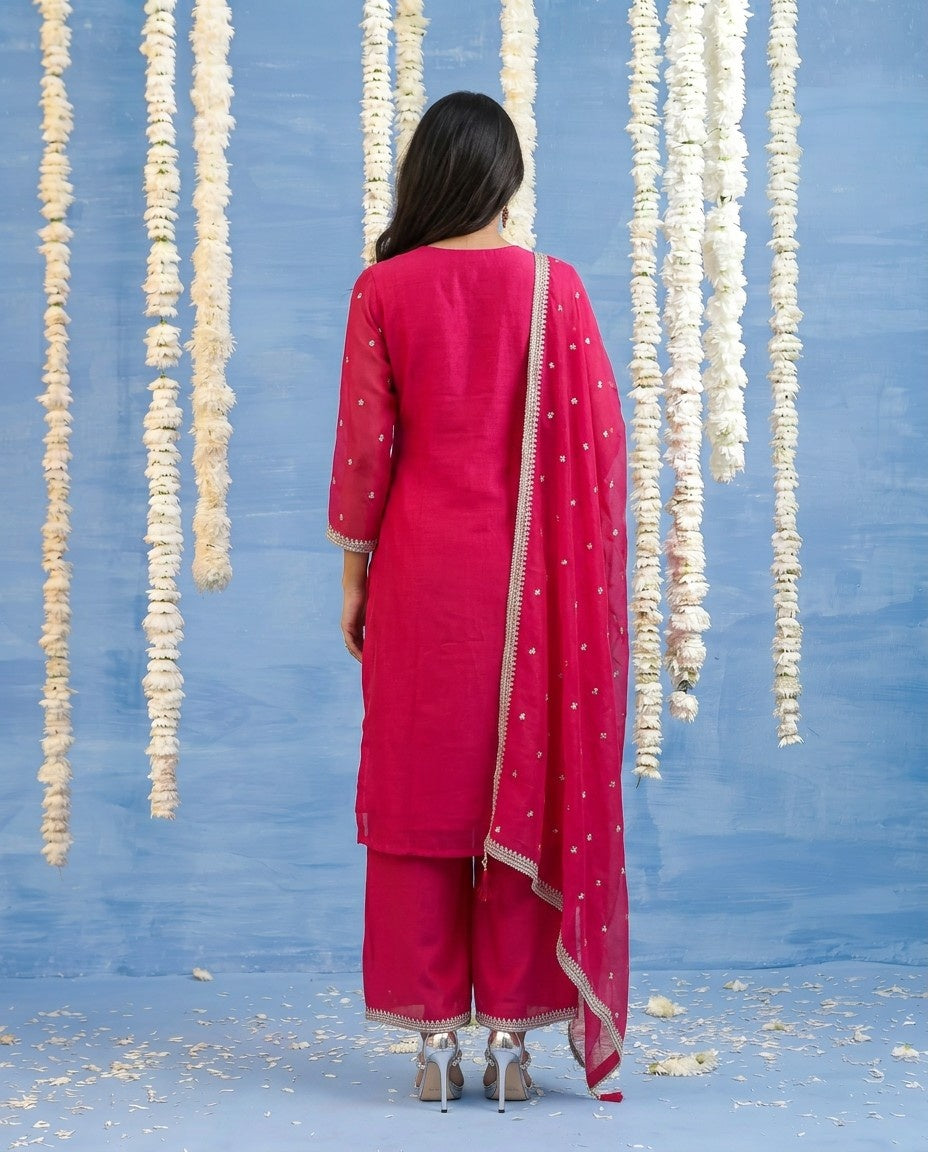 Magenta Embriodered Silk Blended Kurta Bottom Dupatta Set