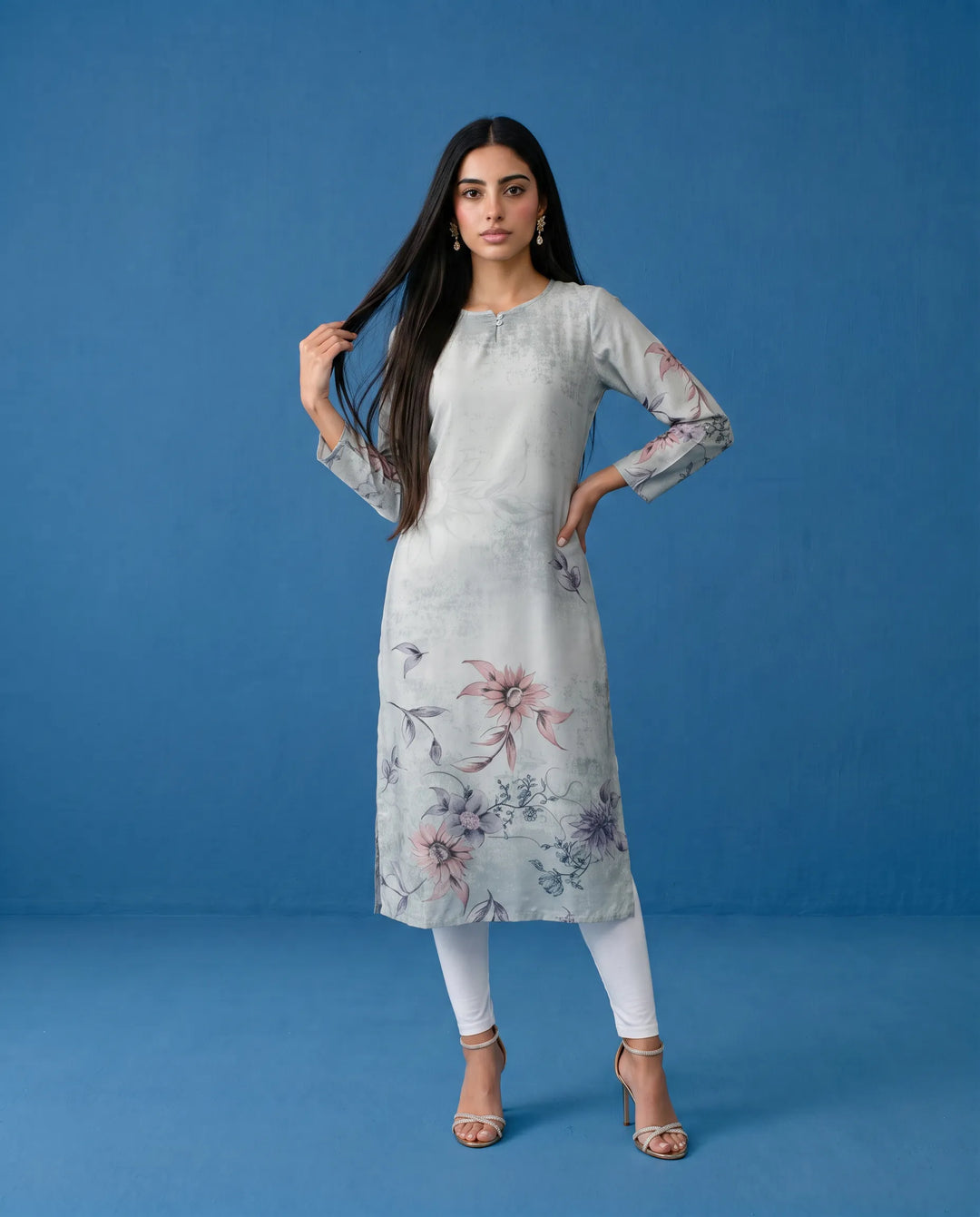 Grey Printed Crepe Silk Straight cut Long Kurta