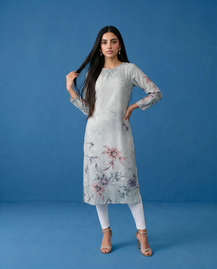 Grey Printed Crepe Silk Straight cut Long Kurta