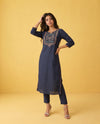 Navy Embroidered Viscose Blended Straight cut Long Kurta