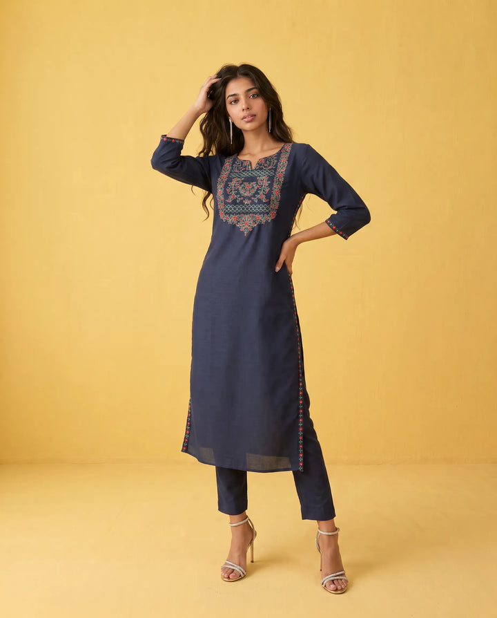 Navy Embroidered Viscose Blended Straight cut Long Kurta