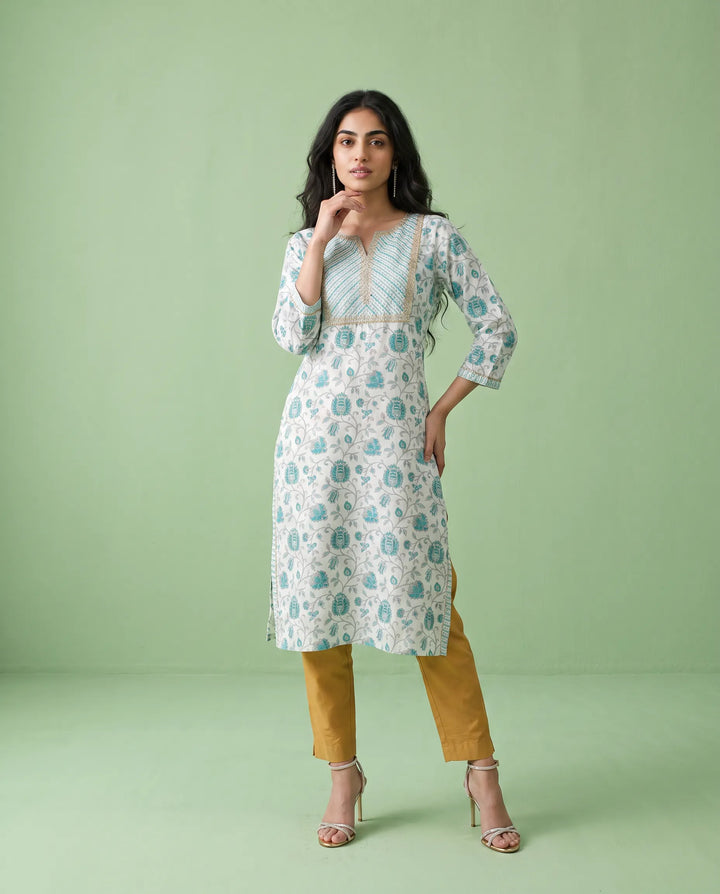 Blue Printed Viscose Blended Straight cut Long Kurta