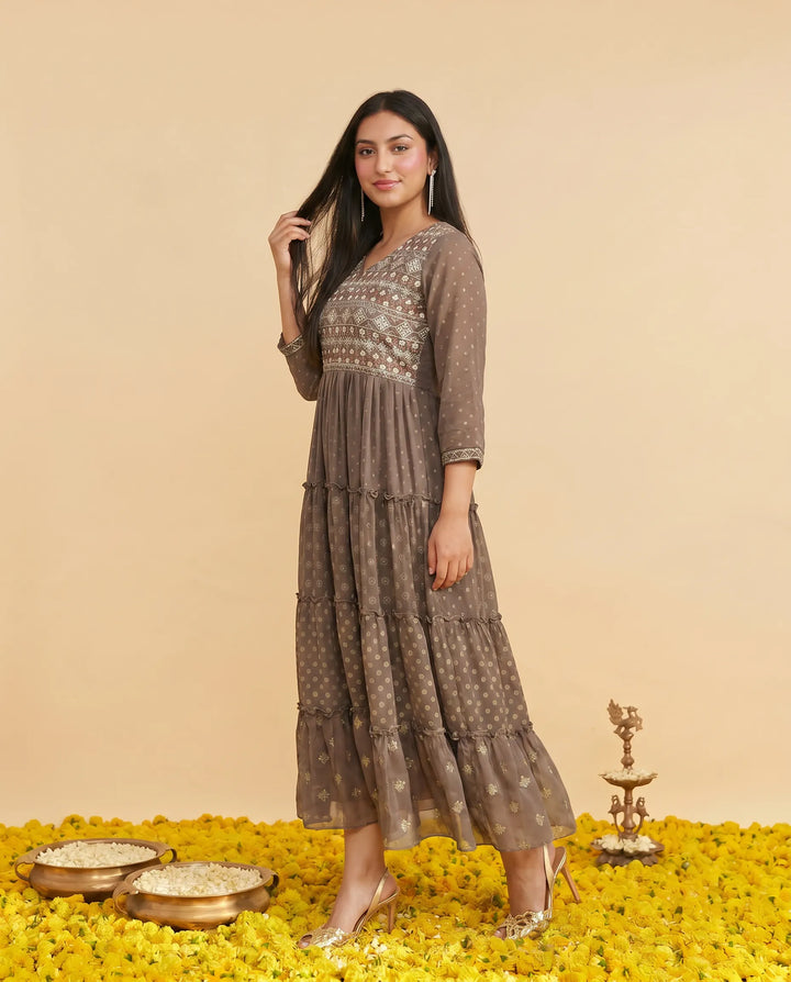 Brown Embriodered Georgette Maxi Dress