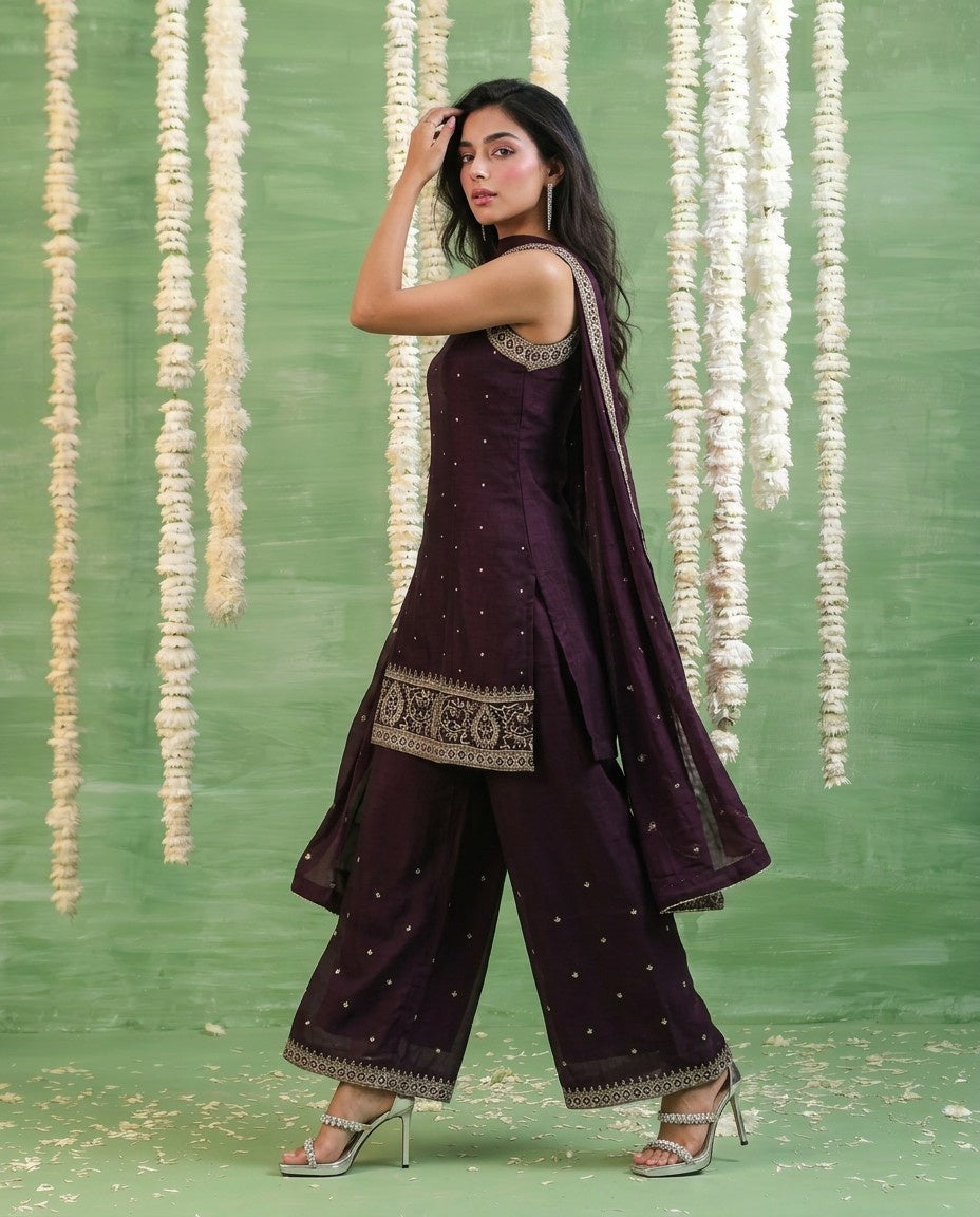 Wine Embriodered Silk Blended Sleeveless Kurta Bottom Dupatta Set