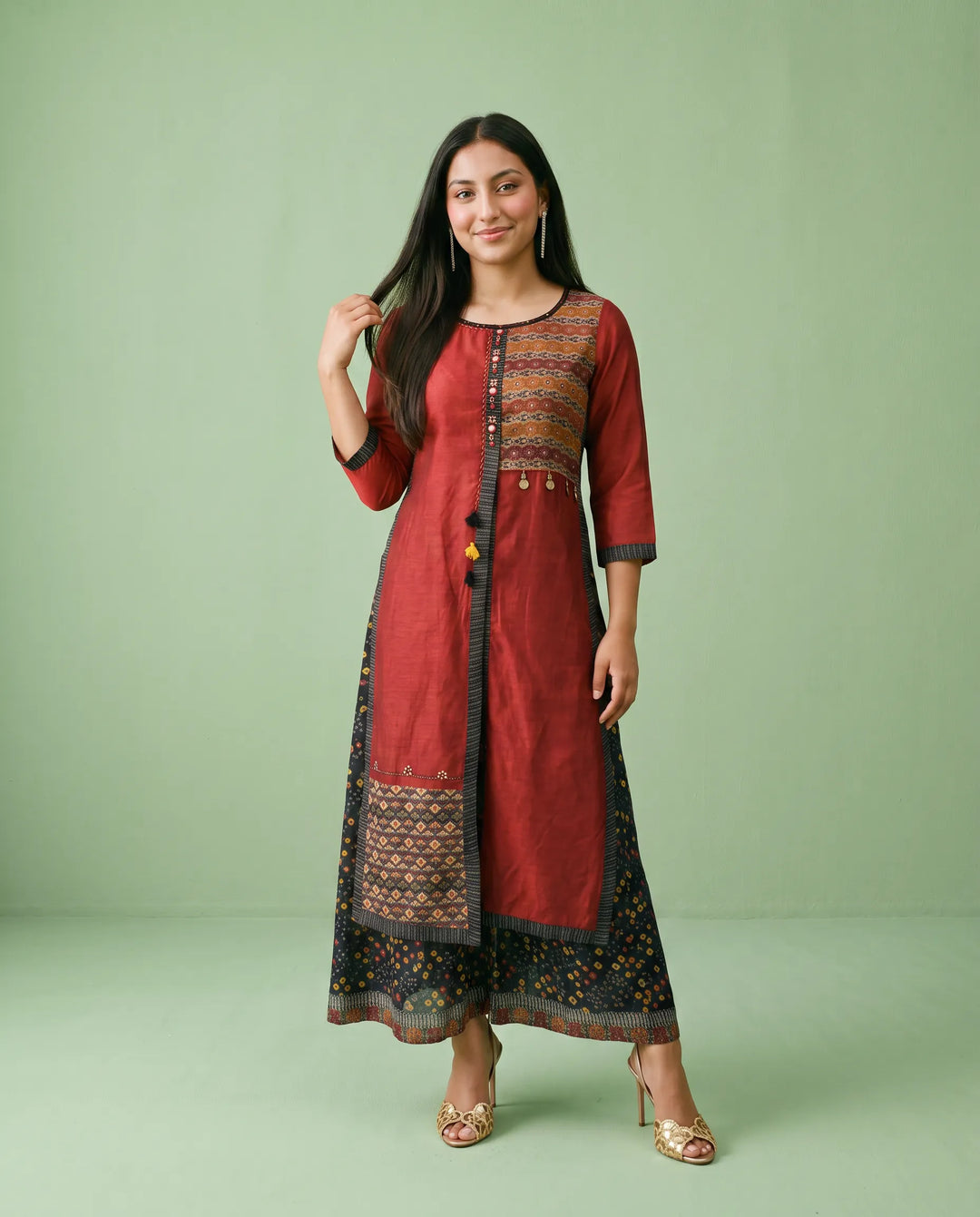 Maroon Printed Silk Blended Maxi Dress