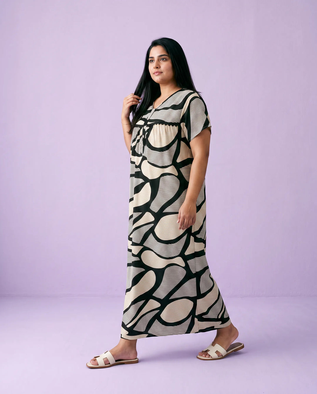 Black Printed Super Soft Rayon Night Dress / Home Wear
