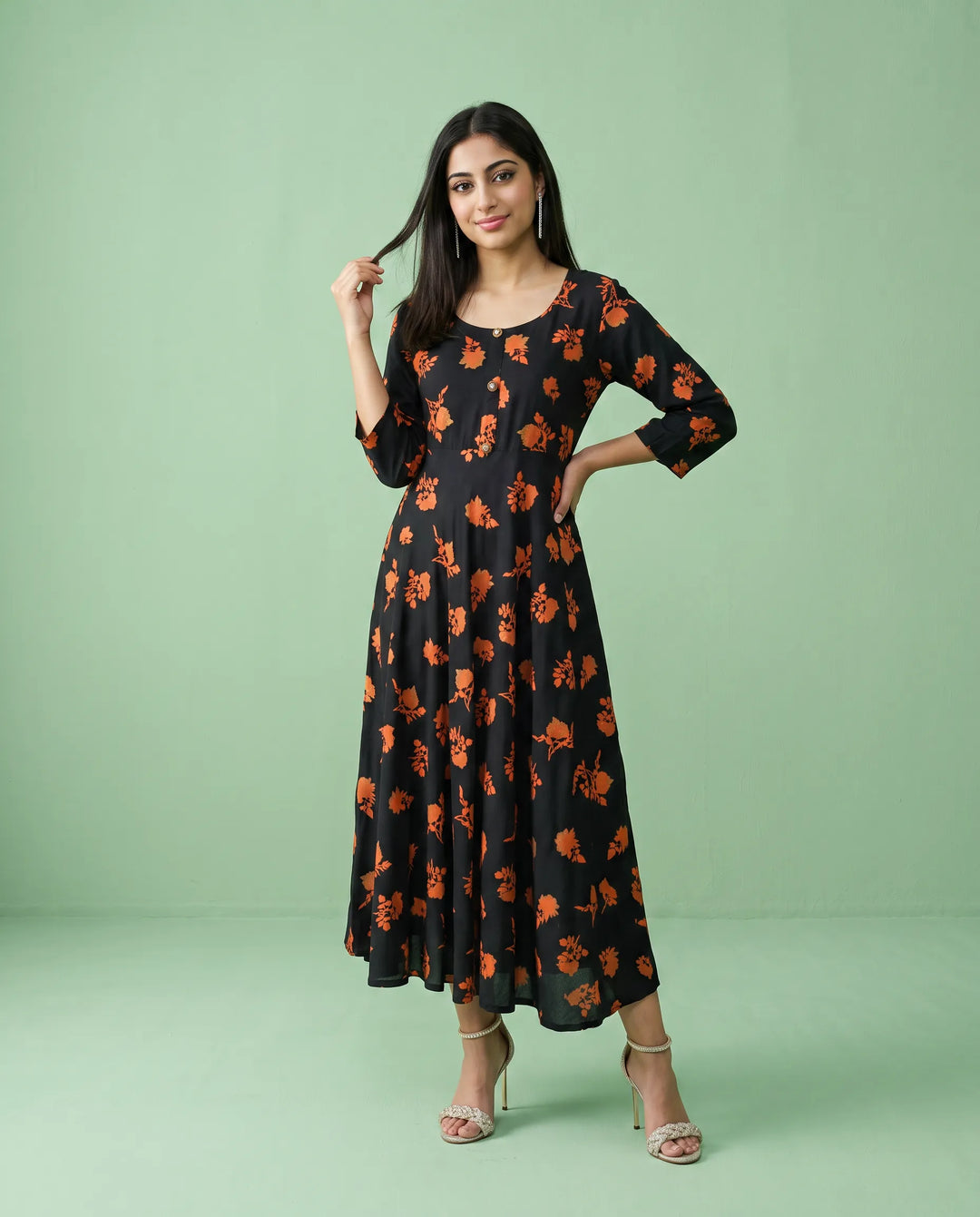 Black Printed Rayon Maxi Dress