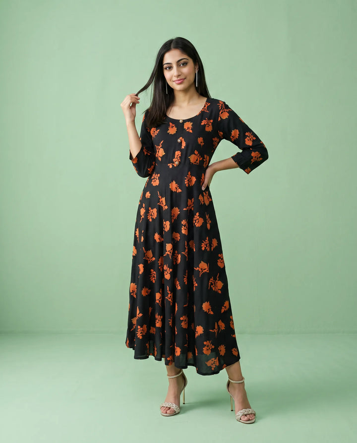 Black Printed Rayon Maxi Dress