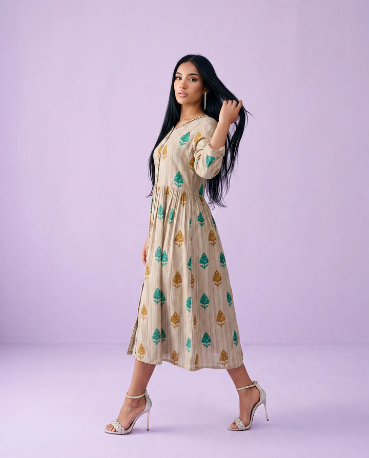Beige Printed Cotton Maxi Dress