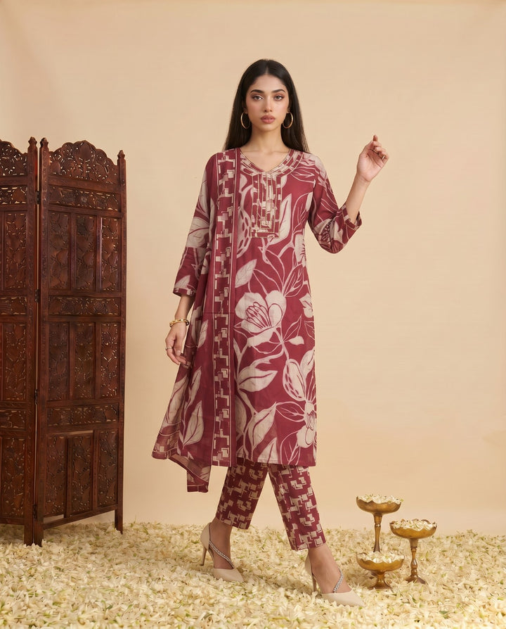 Magenta Printed Chanderi Kurta Bottom Dupatta Set