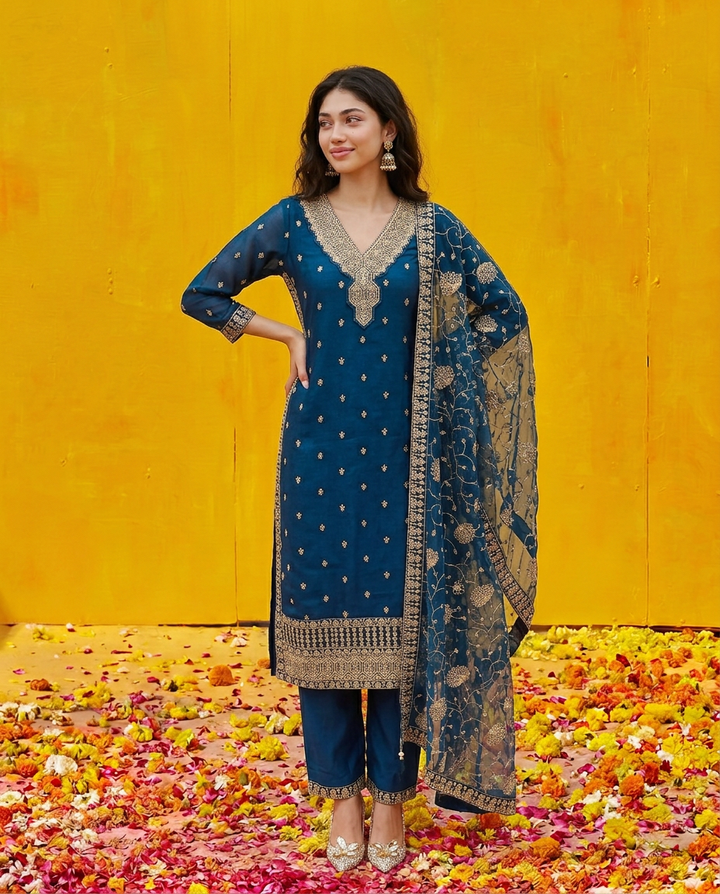 Blue Embriodered Silk Blended Kurta Bottom Dupatta Set