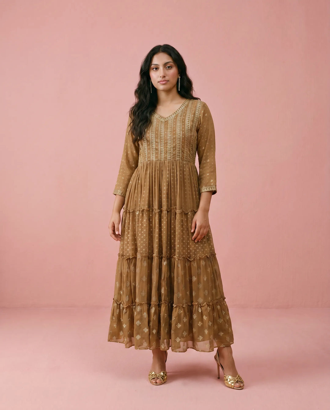 Brown Printed Georgette Maxi Dress