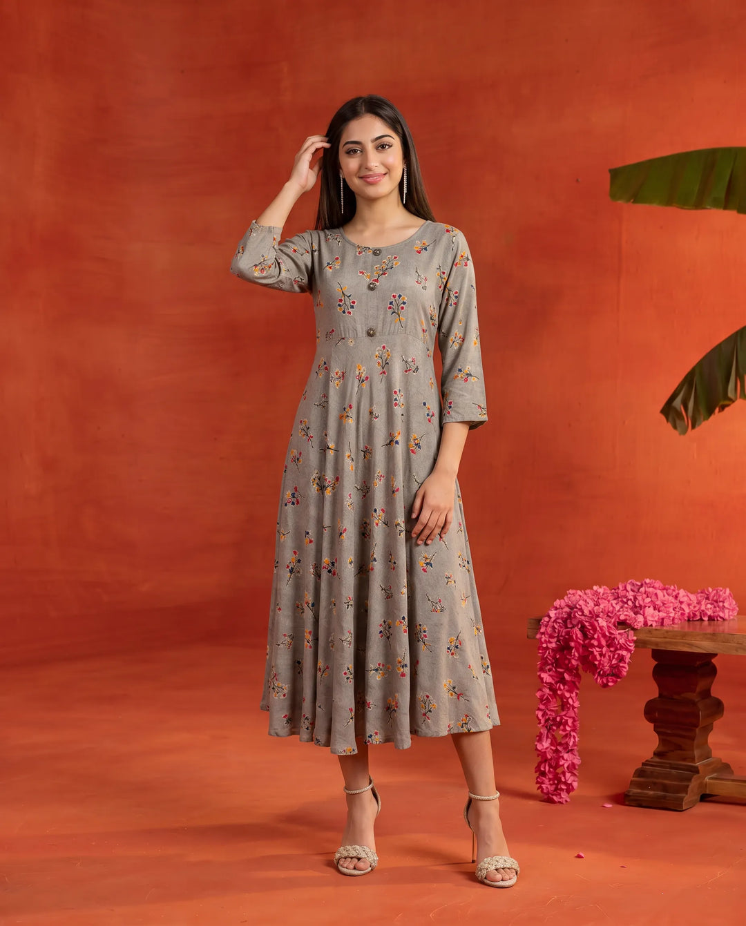 Grey Printed Rayon Maxi Dress