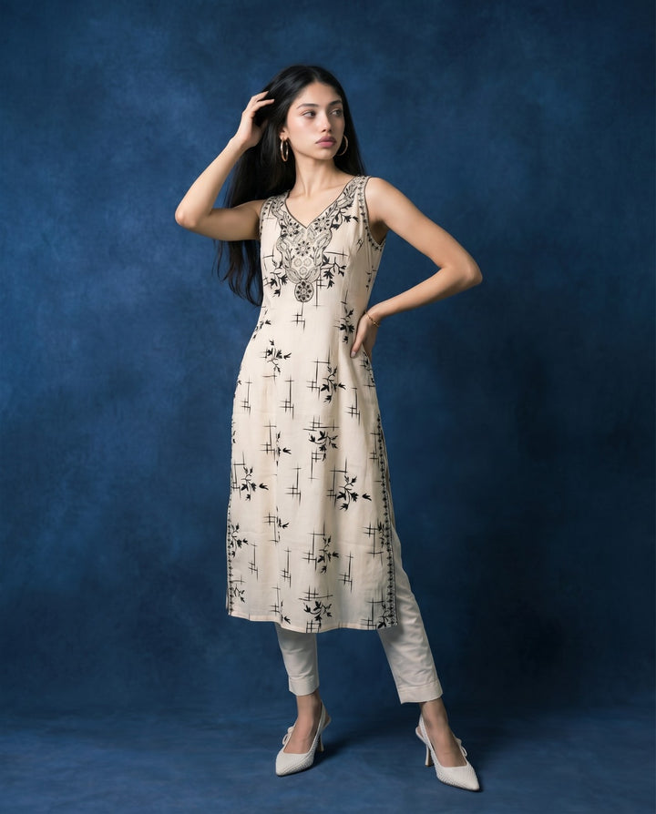 White Embroidered Viscose Blended Sleeveless Straight Long Kurta