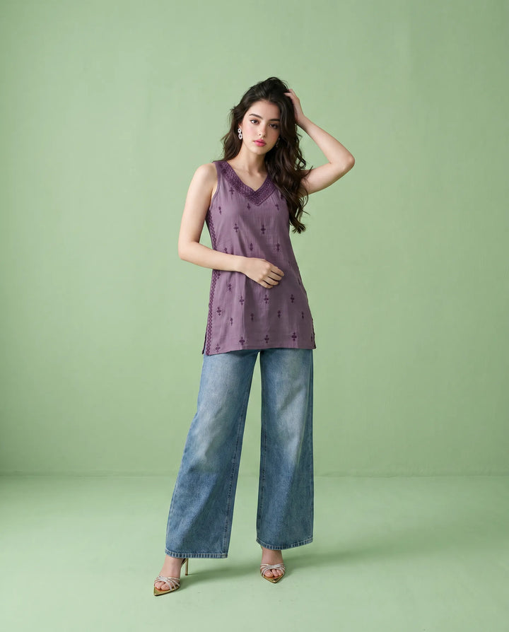 Purple Embroidered Cotton Blended Sleeveless Short Kurti